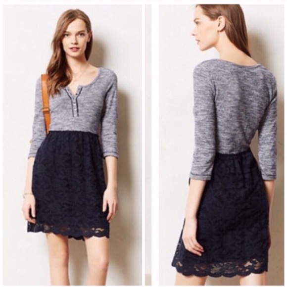 Anthropologie Dresses & Skirts - Anthropologie Heather Gray Top with Navy Lace Midi Dress